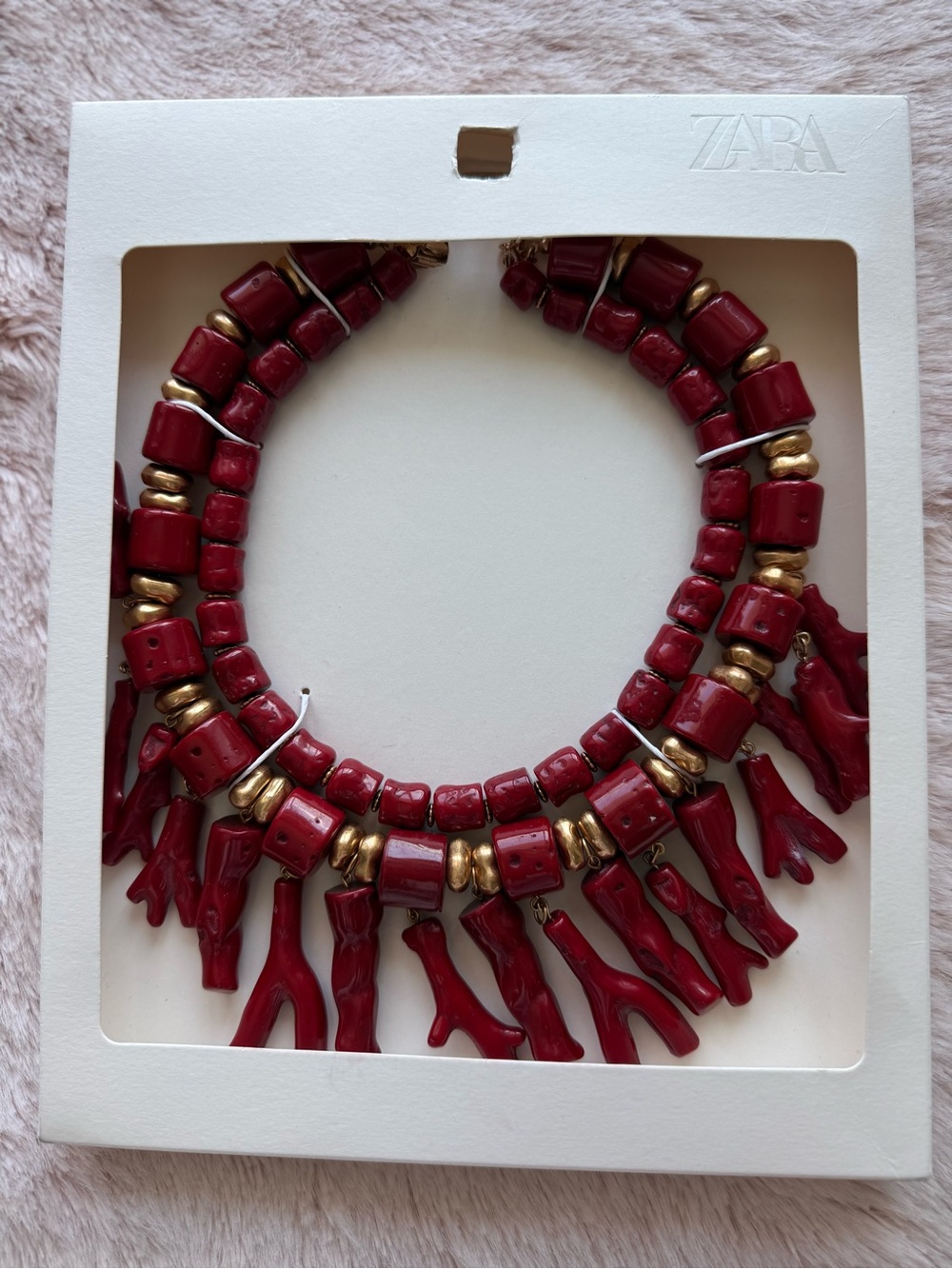 Zara Deep Red Coral-Style Bead Necklace with Gold Accents
